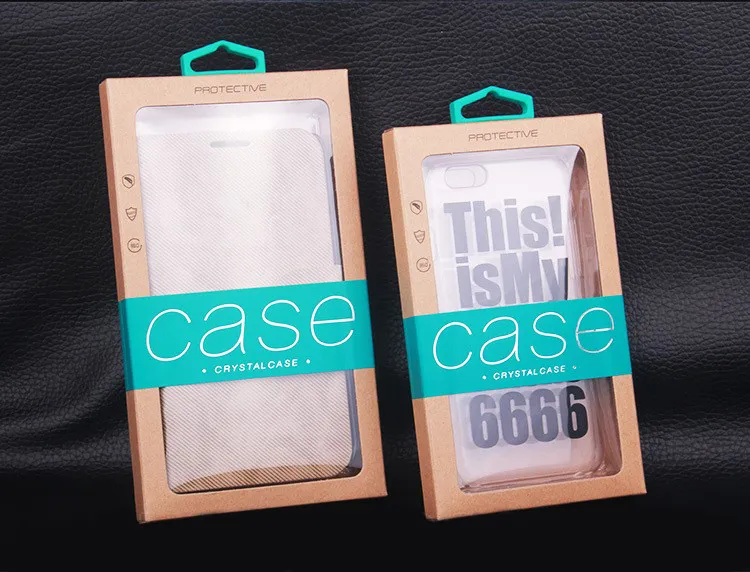 200 Stück 106 * 185 mm Handy-Hülle Einzelhandelsverpackung Neues Kraftpapier-Paket mit PVC-Fensterbeutel-Kasten-Kasten-Paket-Beutel für iPhone 6 7-Abdeckung