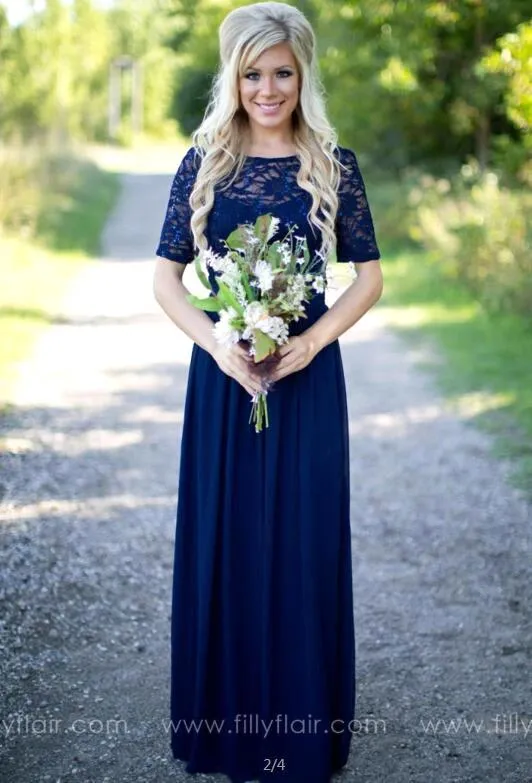2018 Country Bridesmaid Dresses Long For Weddings Navy Blue Chiffon Short Sleeves Illusion Lace Beads Floor Length Maid Honor Gowns CPS572