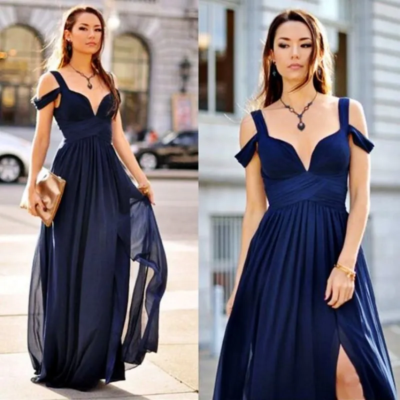 Vestidos de dama de honra sexy em v profundo 2017 moda real azul lado split chiffon longo casamento vestido de festa ruffles zipper vestidos de baile sem encosto