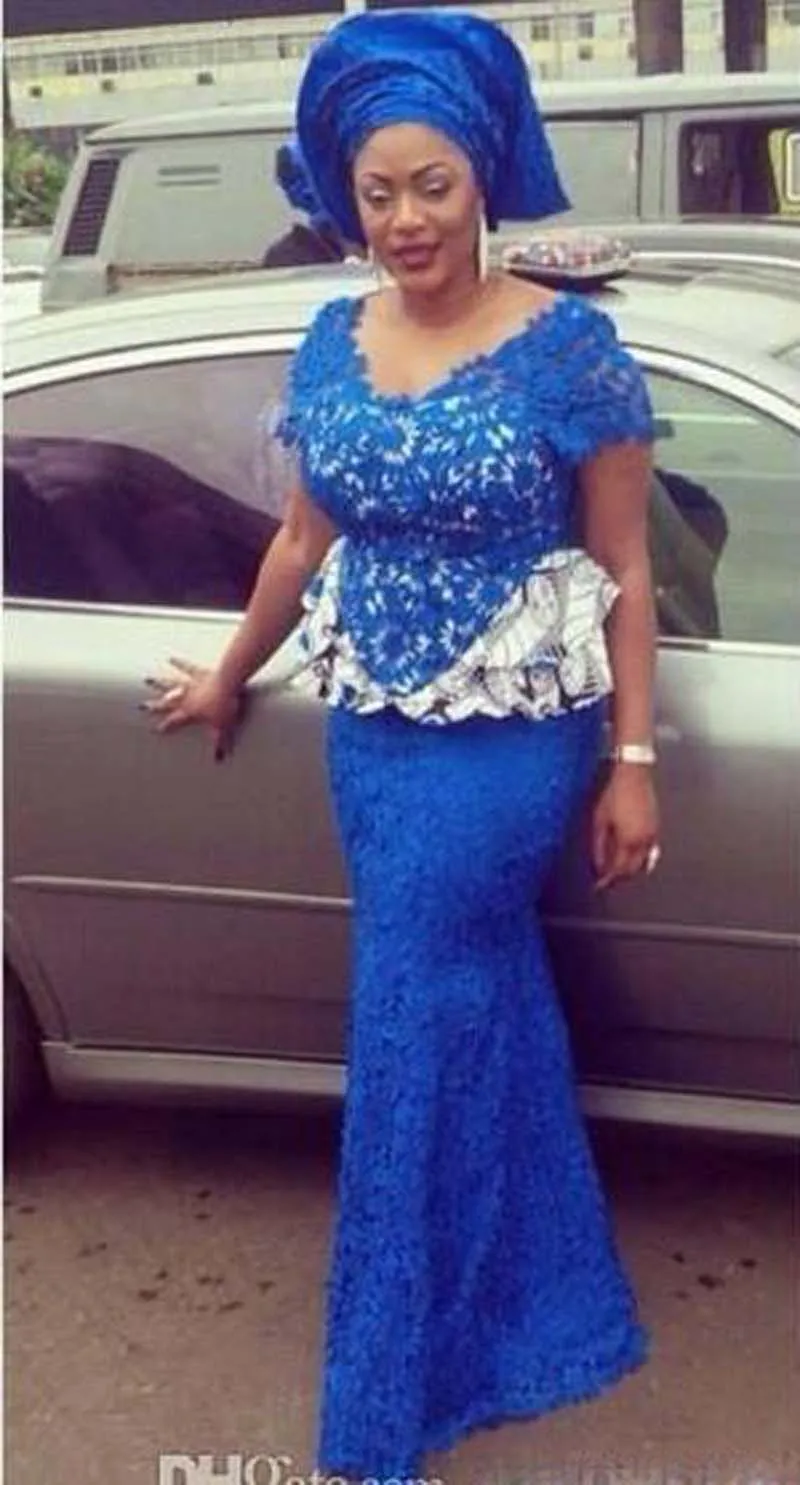 Royal Blue Nigerian Lace Prom Dresses Evening Wear VNeck Short Sleeve Plus Size Dresses with Peplum Trumpet Aso Ebi Style Formal 3082399