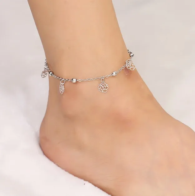 Kostki Bransoletki łańcuchowe Srebrny / Złoty Ton Bell Miedź Koraliki Rose Anklets Łańcuchy stóp Barefoot Beach Sandals Moda Biżuteria