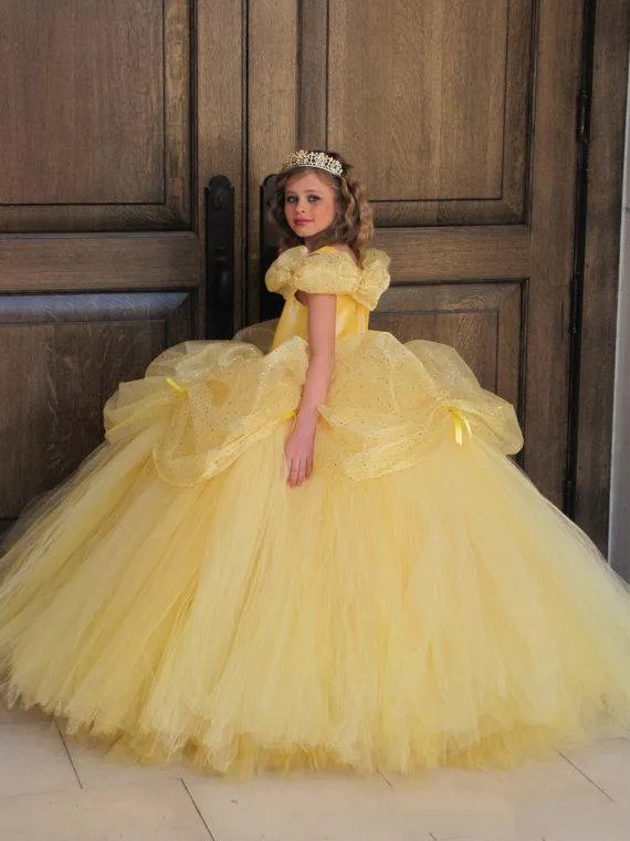 Vintage Ball Gown Flower Girl Dresses Light Yellow Organza Ruched Cap Sleeves Girls Pageant Gowns Tulle Floor Length Princess Baby Dress