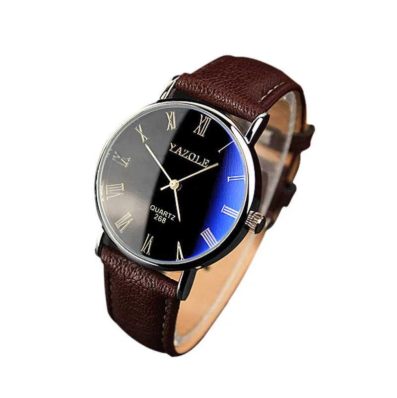 YAZOLE 268 marron luxe hommes montre mode Faux cuir hommes chiffres romains Quartz analogique montre décontracté hommes affaires montres