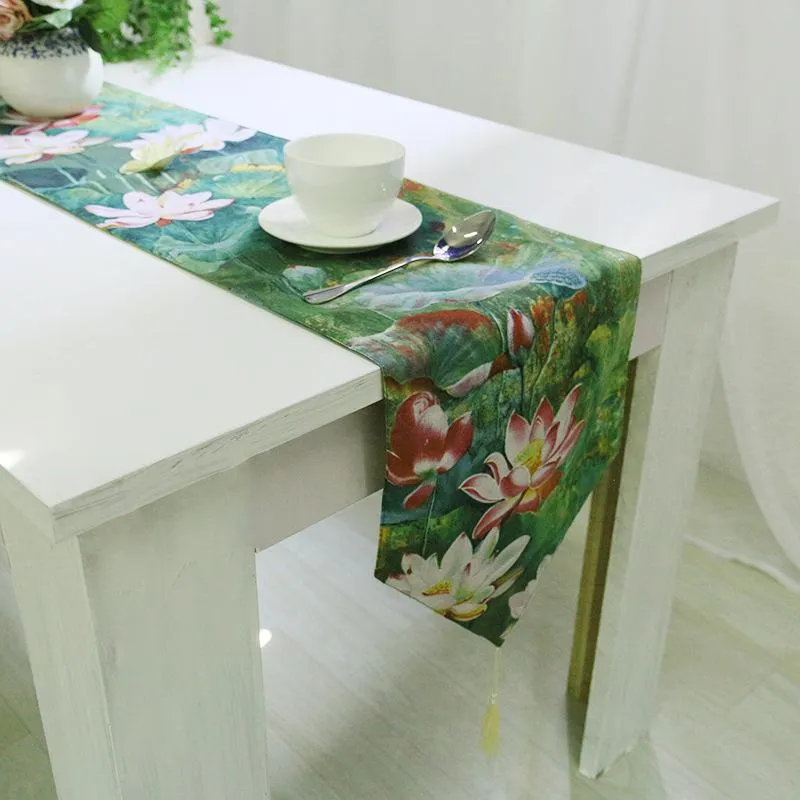 Vendite calde Runner da tavolo classico verde loto stampato chemin de table nuovo design runner copritavolo in cotone e lino decorazione della casa