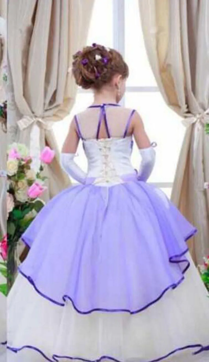Lavendel vit liten tjej bär formella klänningar barn spets sheer neck boll klänning blomma flicka klänning