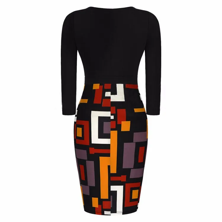 Trevlig gåva Spring Women's Sexy Work Dresses Zipper Slim Dress Geometrisk Stitching Pencil Skirt NLX009