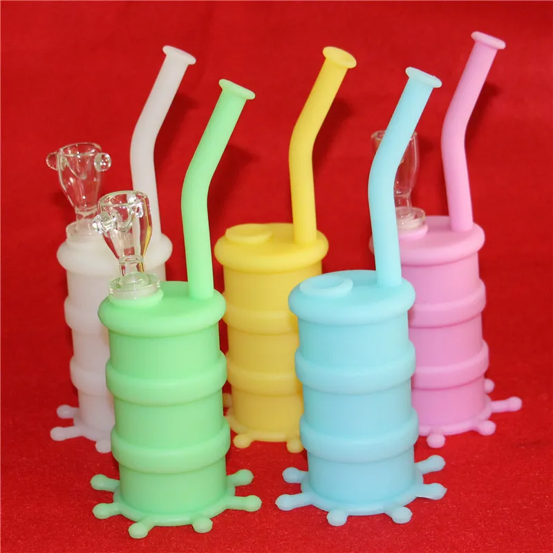 luminous silicone bong silicone water pipe glow in dark silicone oil rig with glass downstem and glass bowl