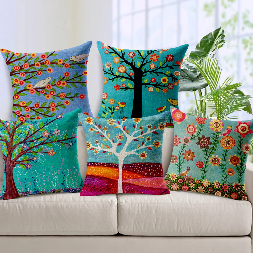 Trees Cushion Cover Square Cotton Linen Pillow Cover Fresh Flowers Trees Throw Pillow Cases for Living Room