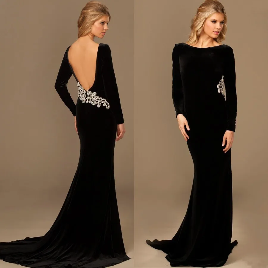 2016 Hot Sell Långärmad Aftonklänningar Sexig Bateau Neck Elegant Bling Beading Black Velvet Mermaid Long Backless Arabic Formell Prom Dress
