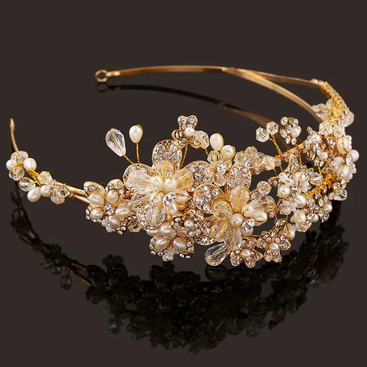 Pearls Wedding Crown Tiaras With Plant Pattern Cheap Bridal Headpiece Flowers Crown Headband Vintage Gold Baroque Crowns For Party6899953