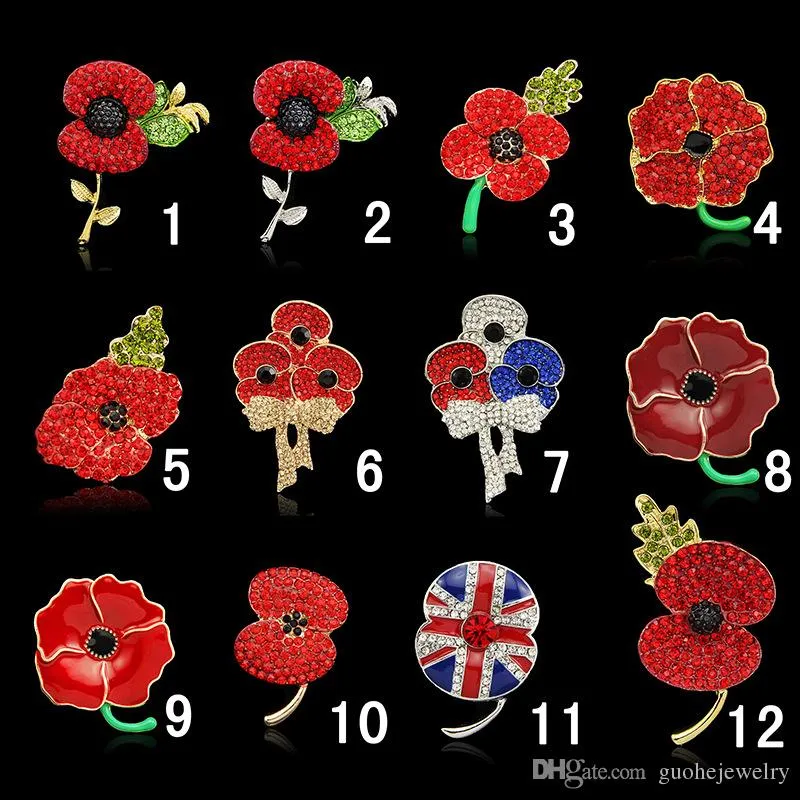 로얄 영국 군단 브로치 레드 크리스탈 멋진 양귀비 꽃 핀 레이디 패션 배지 브로치 공주 케이트