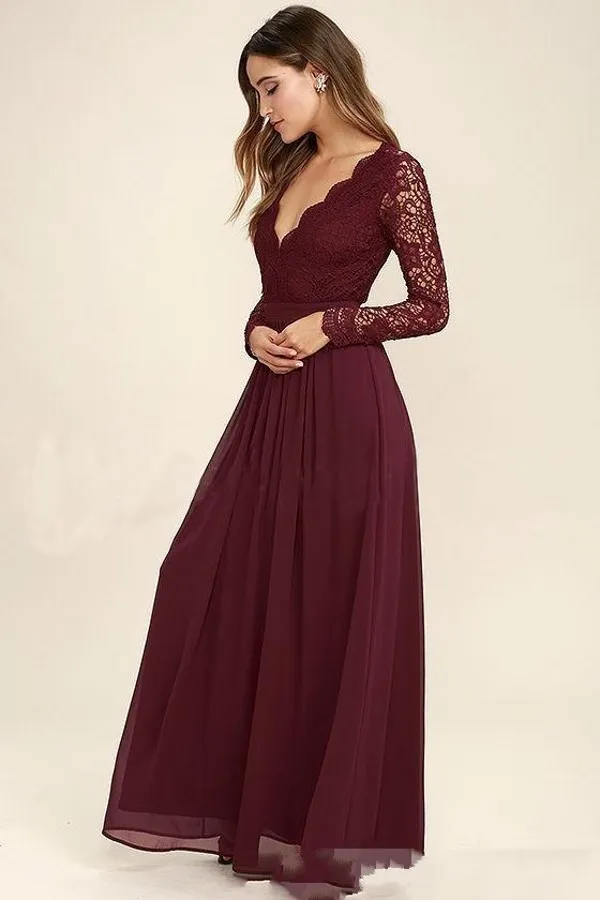 Hot Sales 2017 Burgundy Bridesmaid Dress Deep V Neck A Line Open Back Long Sleeve Lace and Chiffon Bridesmaids Party Dresses