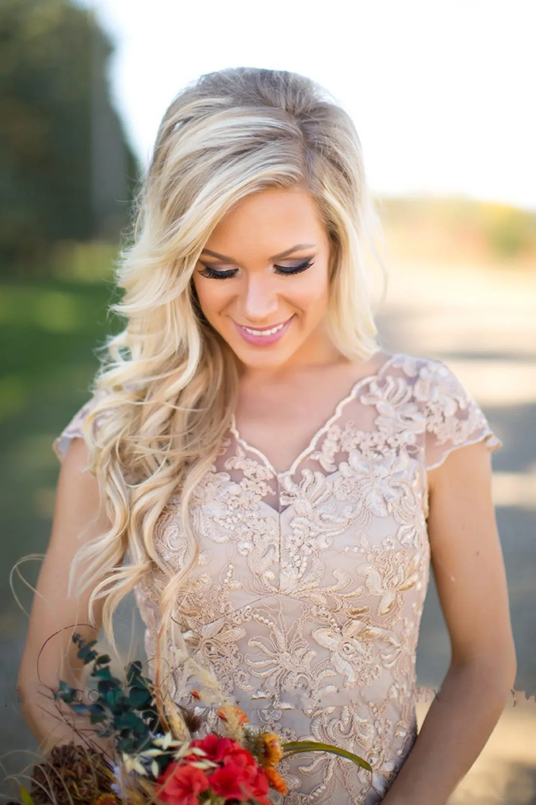 Champagne Lace Lace Champagne bridesmaid dresses - 2017 New Arrival, V Neck, Short Sleeves, Customizable - Affordable Mini Maid of Honor Gown from