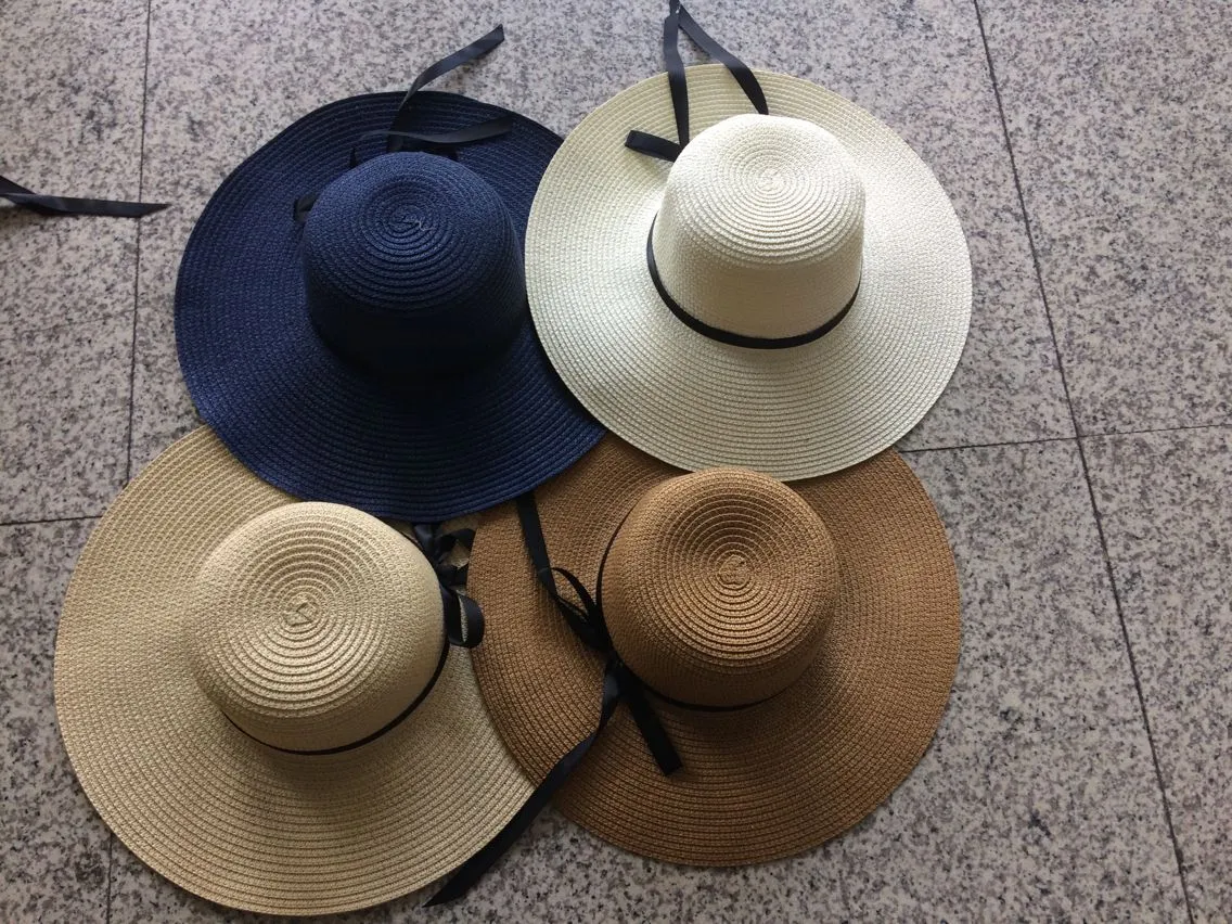 Women's Sun Hat Foldable Large Wide Brim Straw Hats with Bow Summer Beach Cap UV Protection