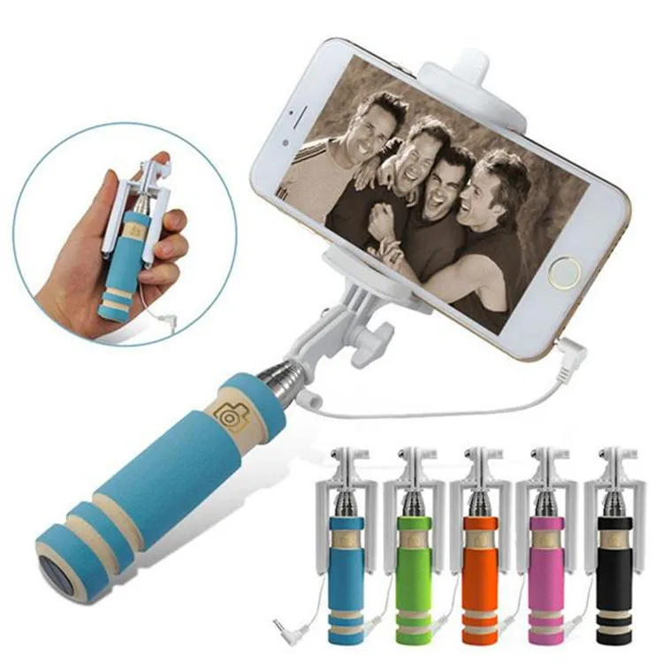 Palo de Selfie plegable con cable, monopié extensible de mano, mango de obturador con cable, Compatible con teléfono móvil