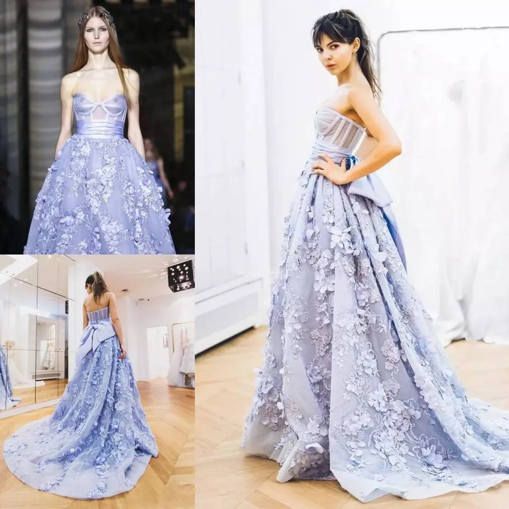 2023 Vestidos de noite elegantes de lavanda Zuhair Murad 3d Floral Applique, veja através de vestidos de baile de varanda sem costas com Bow