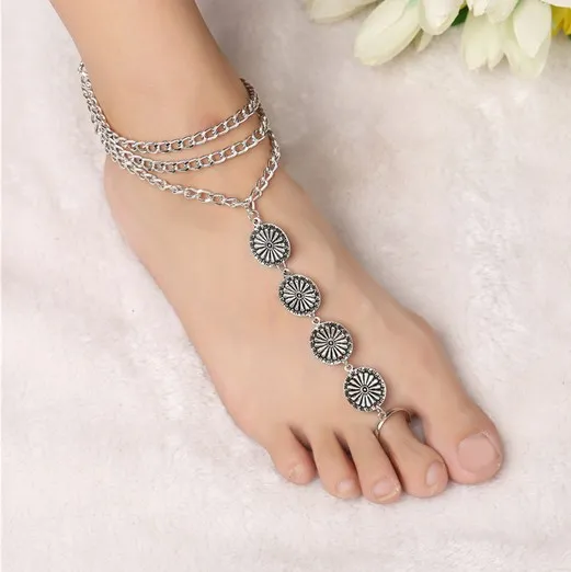 Joyería para mujer Vintage bohemio plata 3 capas borla moneda grabada con cadena de dedo del pie anillos tobilleras Boho tobillera pulsera sandalias descalzas