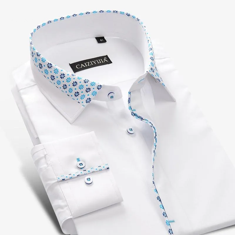 도매 - 브랜드 남성 꽃 흰색 셔츠 남자 드레스 셔츠 긴 소매 면화 캐주얼 슬림 맞는 공식 비즈니스 디자이너 고품질 플러스 4XL