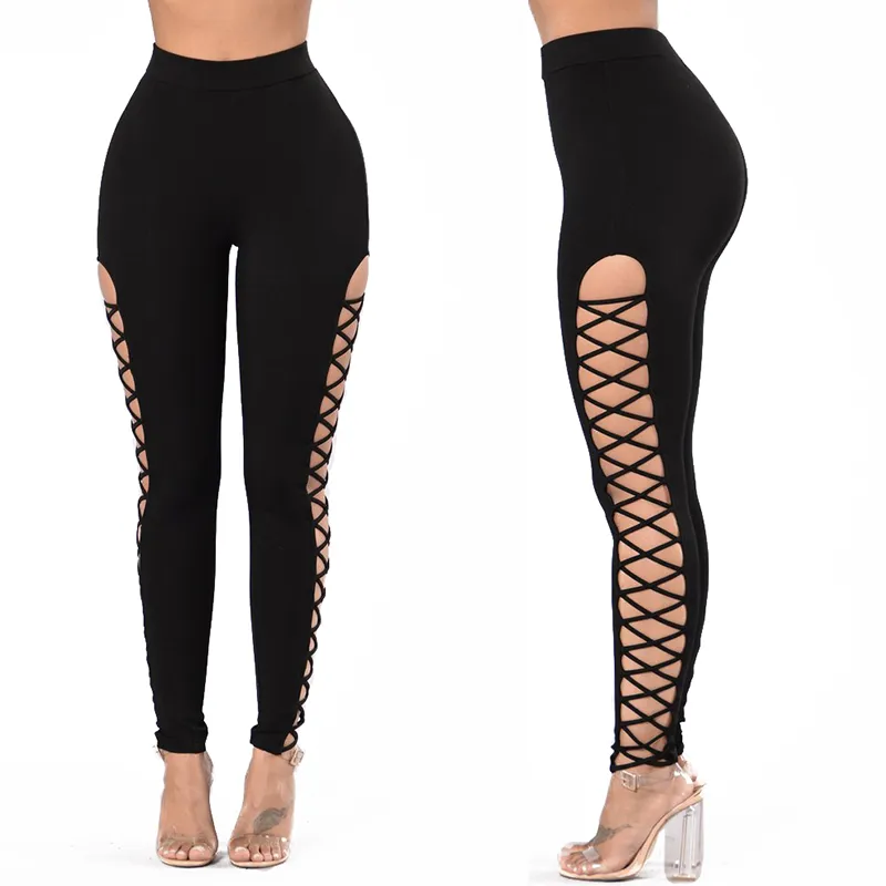 Nouveau design femmes sexy bodyon taille haute taille élastique 2 côtés évider laçage bandage tunique leggings collants pantalon SMLXL