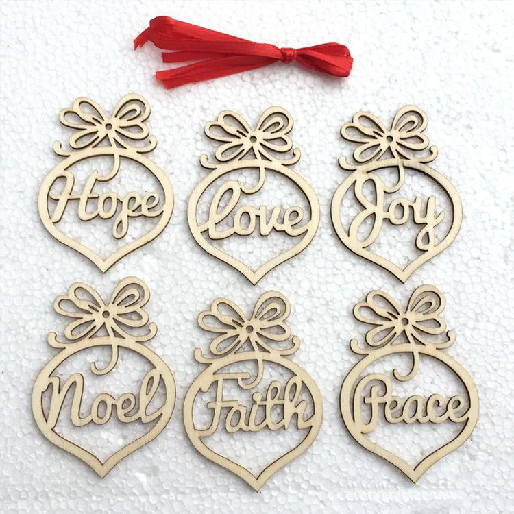 Lettera di Natale in legno con motivo a bolle di cuore Ornamento Decorazioni l'albero di Natale Ornamenti festival domestici Regalo da appendere, 6 pezzi sacchetto OP286