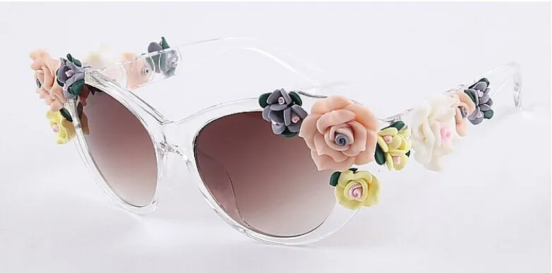 2017 Unique Design CAT EYE Flower Sunglasses Women Brand fashion glasses female summer Beach oval roses eyewear oculos de sol