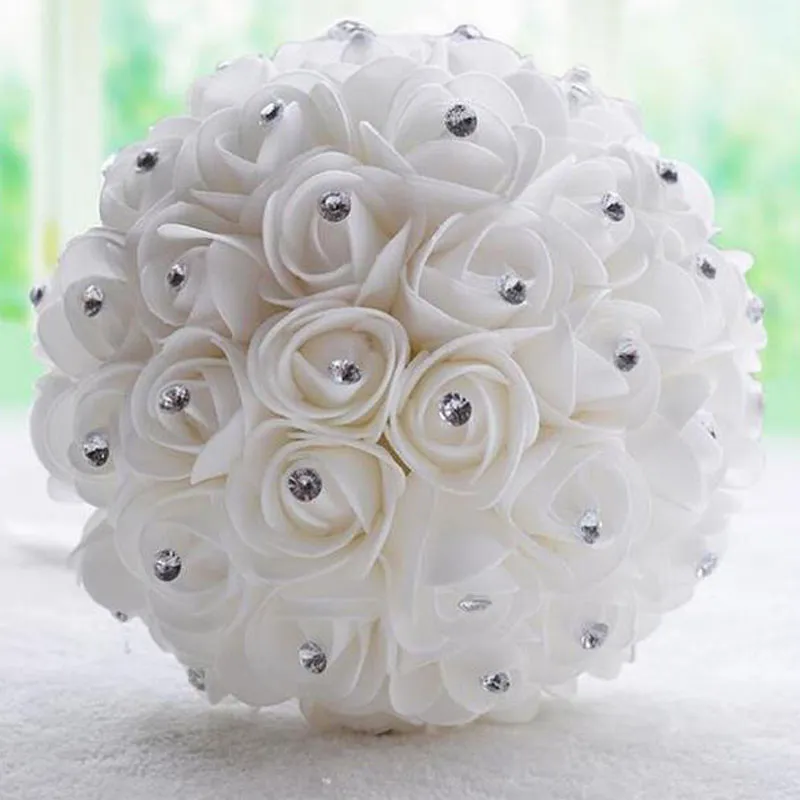 Venda quente bonito branco marfim nupcial da dama de honra flor buquê de casamento flor artificial buquê de rosa buquês de cristal de cristal