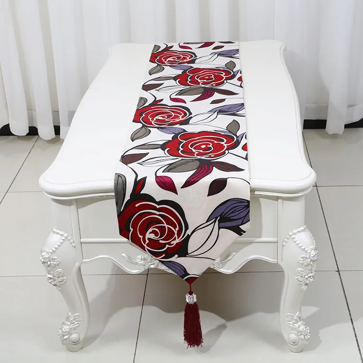 Runner da tavolo rettangolare con fiori di rosa di diverse dimensioni, in stile europeo americano, tovaglia da tè, cuscinetti protettivi tavolo da pranzo in broccato di seta di fascia alta