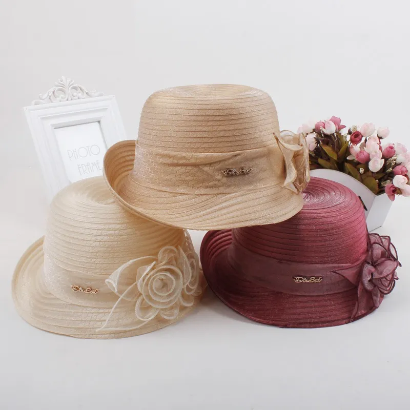 Floppy Beach Hat Church Hattar Monterad hatt Solhattar med Grenadin Blommor Stingy Brim Beach Hat för damer och kvinnor