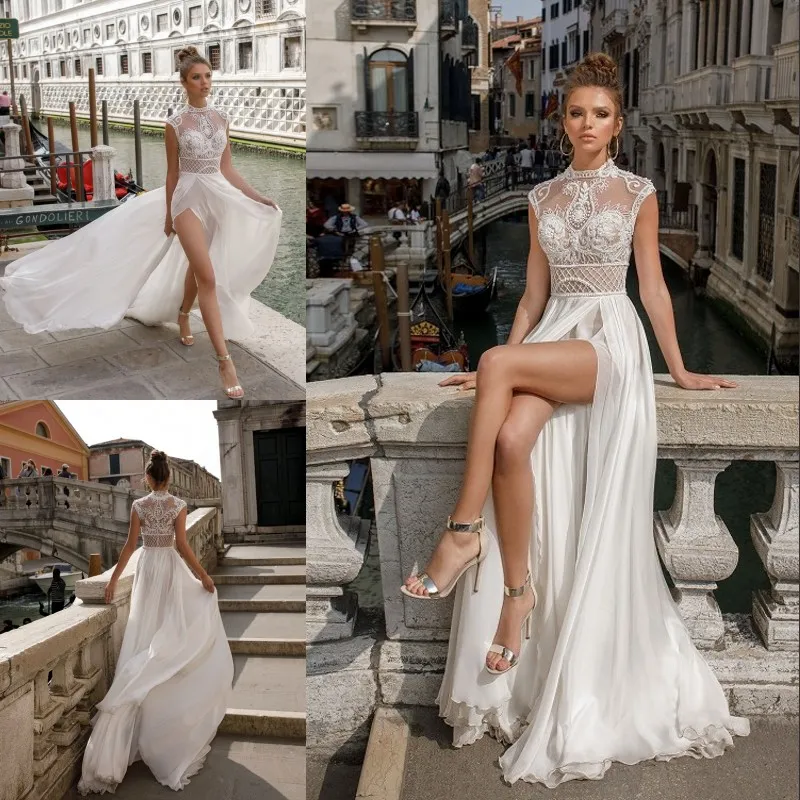 High-end plażowe rozdzielone suknie ślubne Sheer High Neck Bridal Suknie