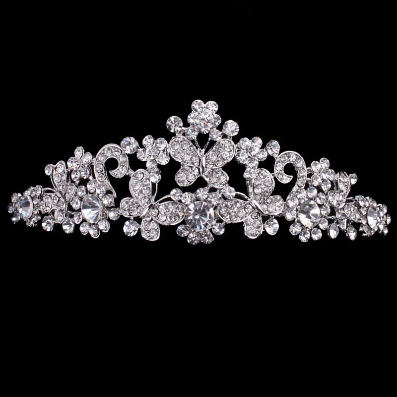 Goedkoop, maar van hoge kwaliteit Silver Rhinestone Butterfly Pageant Tiara Kroon bruids-haaraccessoires Partij van de Koningin Hoofddeksels gratis verzending