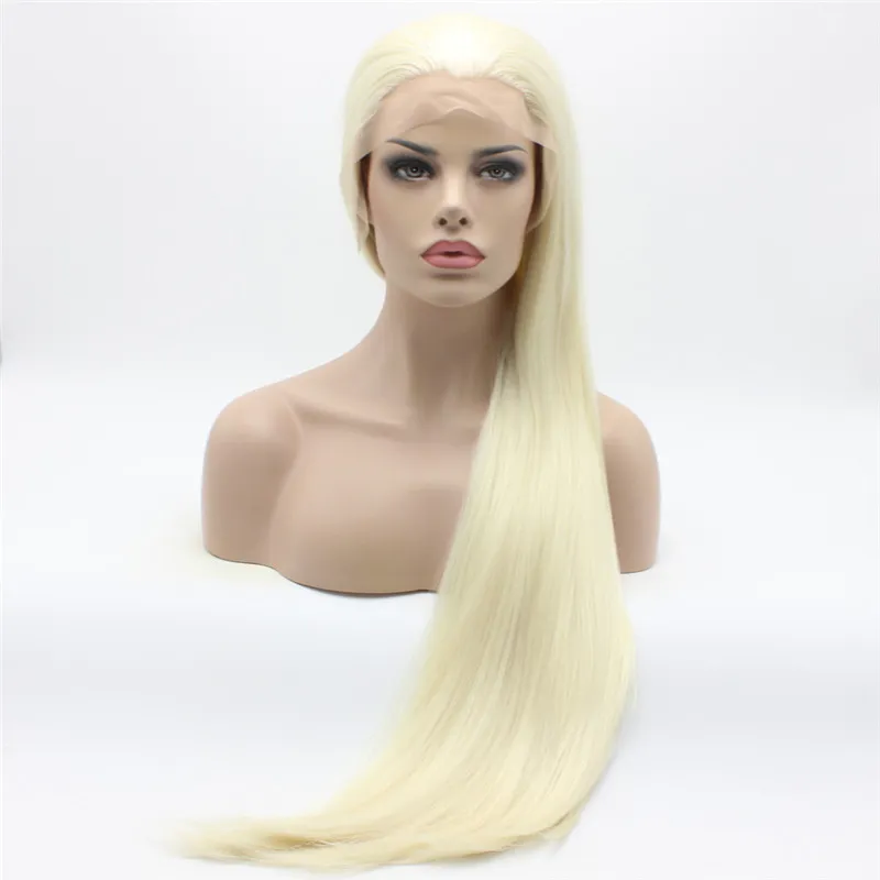 Iwona Hair Straight Extra Long White Light Blonde Mix Wig 22#1001/613 Half Hand Tied Heat Resistant Synthetic Lace Front Wigs