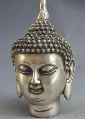 Statue de tête de bouddha en argent, 7 pouces, bouddhisme du Tibet, Temple Shakyamuni Sakyamuni Amitabha