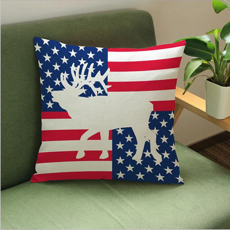 Umweltfreundliche amerikanische Flaggen, Sterne und Streifen, Hirschflagge, bedruckter Polyester-Leinen-Kissenbezug, Kissenbezug, 45 x 45 cm, 6 Farben