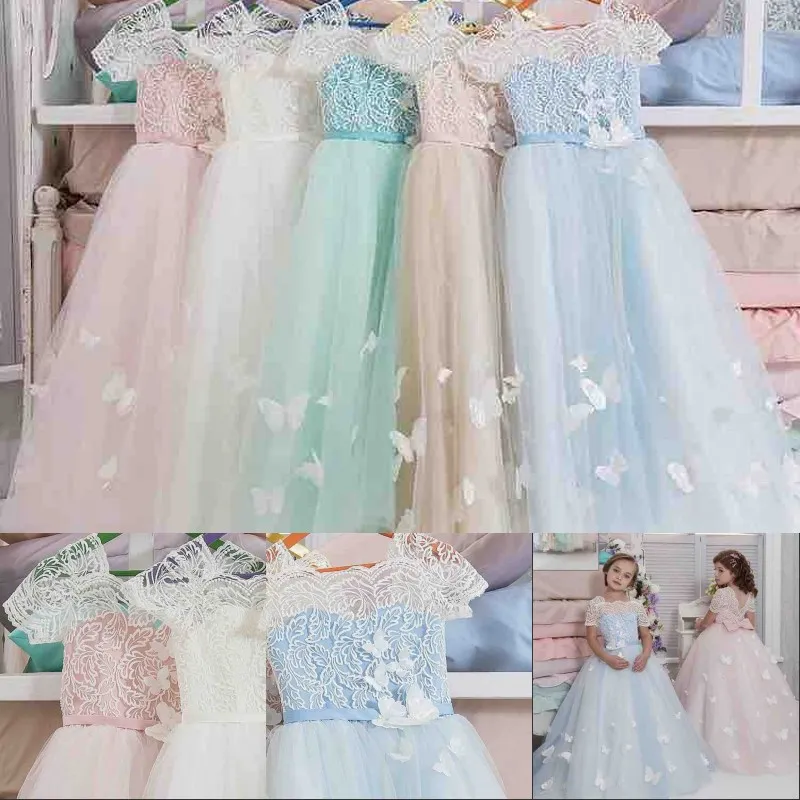 Hermosa mariposa Vestido para niñas de flores Cuello cuadrado Apliques de encaje Arco Manga corta Vestidos para niñas Vestidos hasta el suelo Precioso vestido de cumpleaños