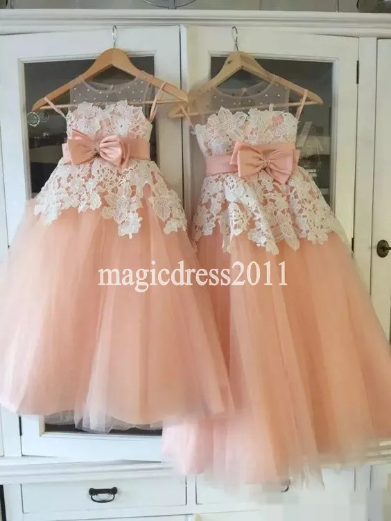 New Arrival Peach Flower Girl Dresses for Beach Wedding A-Line Jewel Illusion Bodice Ivory Lace Tulle Long First Communion Dresses301L