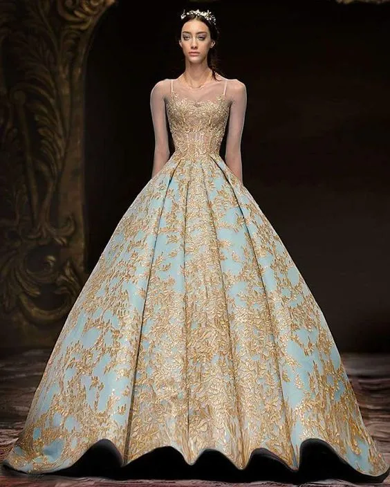 Luxury Gold Lace Long Sleeve Evening Dresses Vintage Sky Blue Michael Cinco Sheer Neck Saudi Arabia Plus Size Occasion Prom Dress3987954