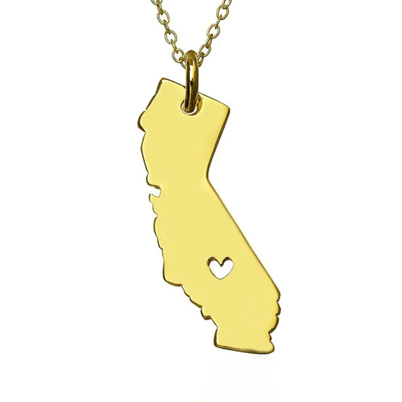 California Map Stainless Steel Pendant Necklace with Love Heart USA State CA Geography Map Necklaces Jewelry for Women and Men