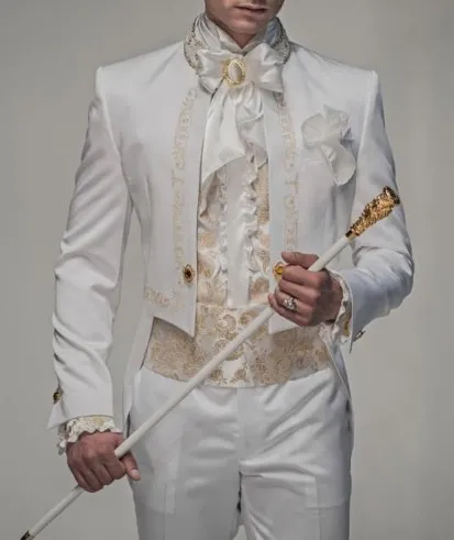 Gold Embroidered White Ivory Groom Tuxedo New Style Wedding Suit
