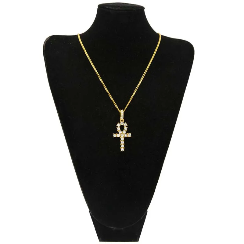 Mens Bling Iced Out Egyptian Ankh Sleutel Hanger Ketting Vergulde Hip Hop Zwart Crystal Cubaanse Link Ketting Mannen Sieraden Kettingen Hangers