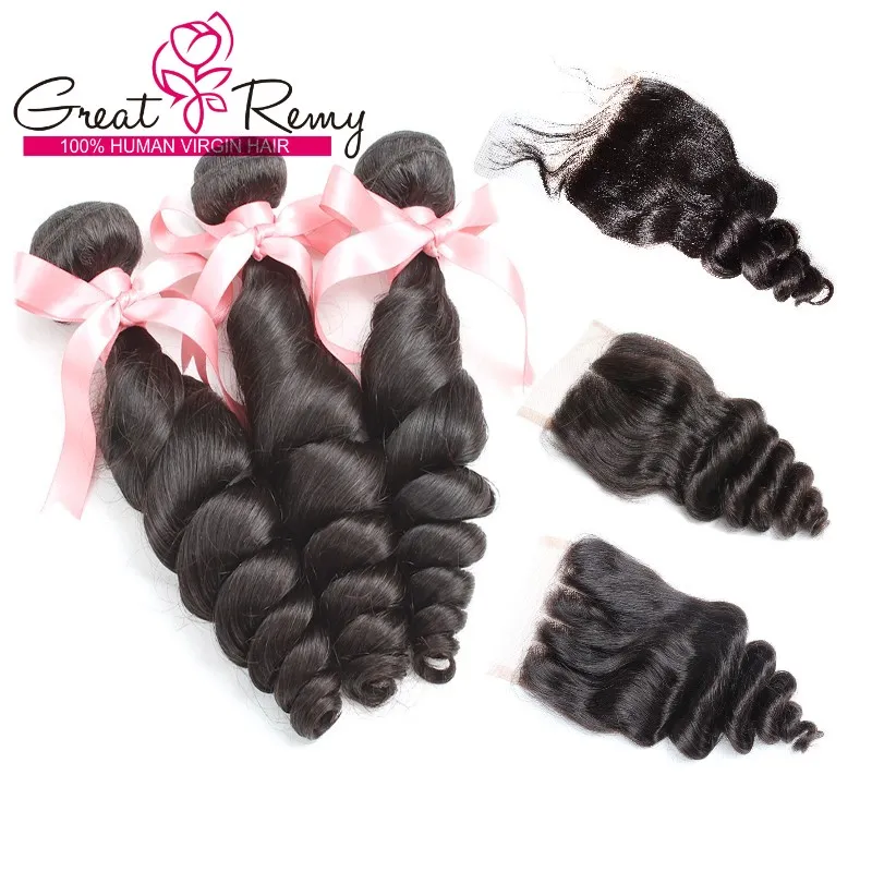 Extensiones de cabello virgen de Malasia Bella Brasil 3pcs Weave con 4 "X4" Ola suelta de 3 vías Parte superior de la parte Cierre Great Remy Factory Play Bundles