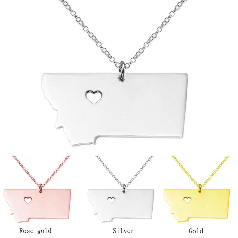 Montana Map Stainless Steel Pendant Necklace with Love Heart USA State MT Geography Map Necklaces Jewelry for Women and Men