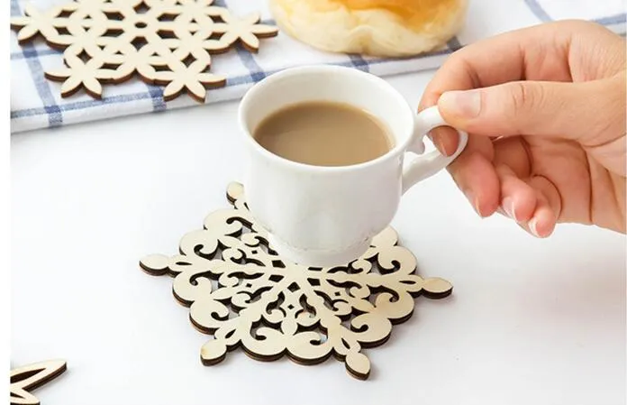 Wooden Snowflake Mug Coasters Holder Chic Drinks Coffee Tea Cup Mat Decor Mats