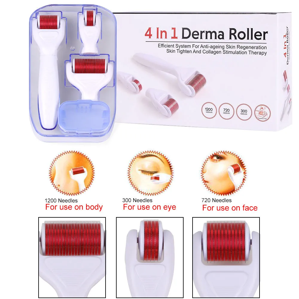 4 in 1 Facial Needle Microneedle Roller Derma Roller with 3 Separated Heads of Different Needles Count for Skin Care