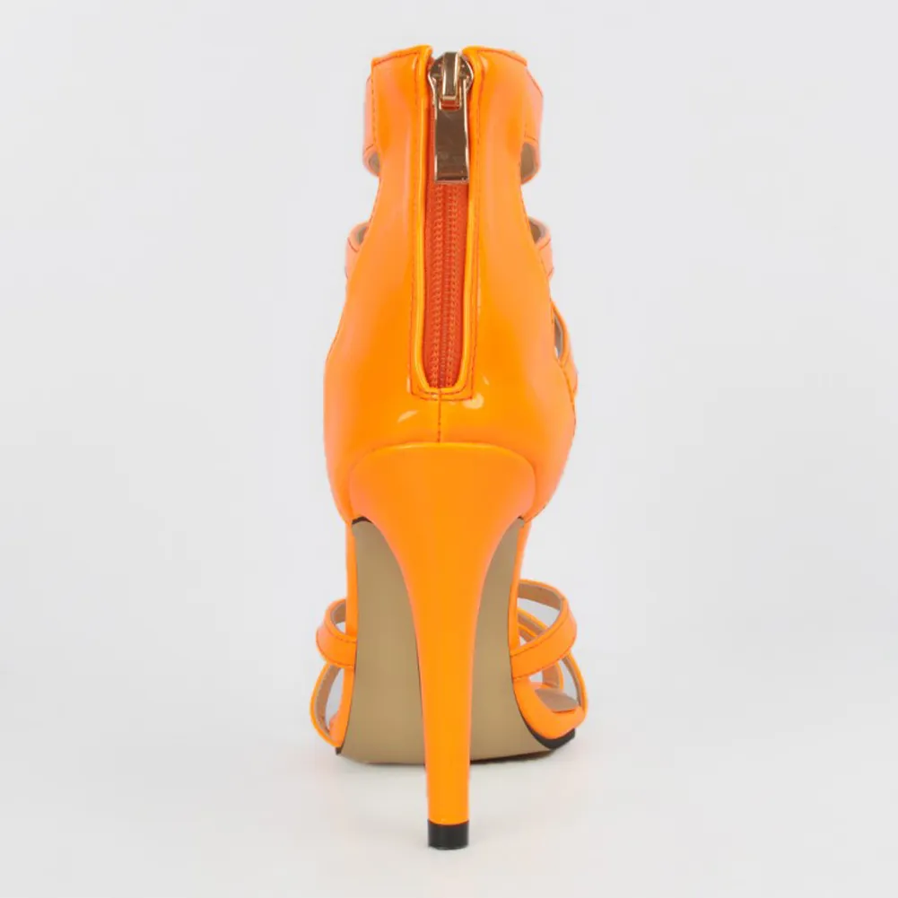 Zandina всего продажа женская мода ручной работы 11 см т-ремень Peep-toe лакированная кожа высокий каблук сандалии оранжевый XD038