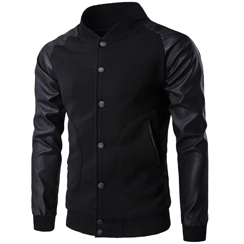 Atacado- New Tendência Preto Varsity Jaqueta Homens / Boy Bombers Veste Homme 2016 Moda PU Couro Manga Slim College Jaqueta de Beisebol para Outono