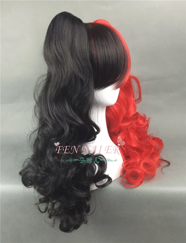 Gratis frakt Ny Hot Sälj Bästa Harley Quinn Black Red Wavy Hair Cosplay Syntetisk Long 2 Ponytail peruk