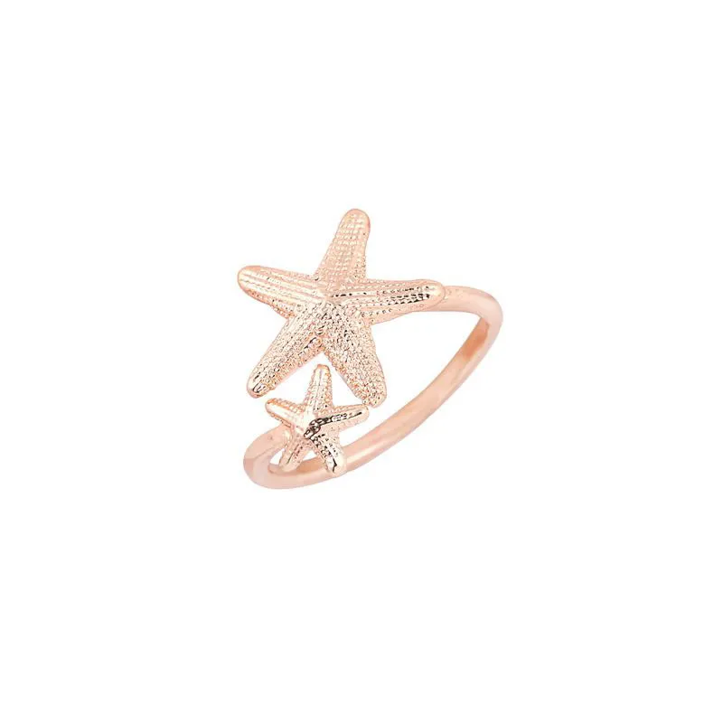 Everfast Wholesale Adjustable Twinkle Stretch Star Ring Nautical Beach 2 Starfish Ring for Women Birthday Gifts EFR068