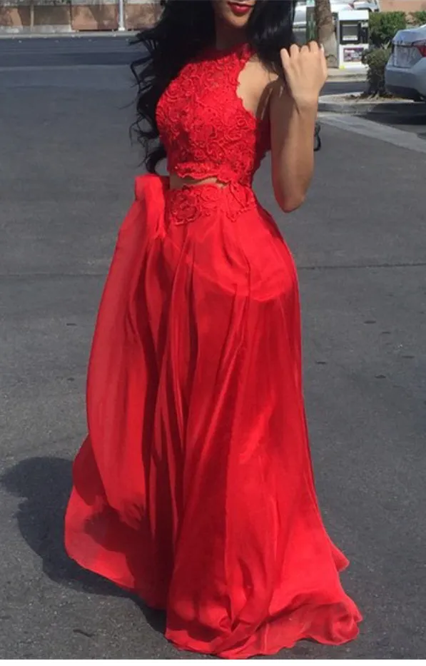 Sexy Rode Twee Stukken Prom Dresses Kant Lange Mouwloze Juweel Hals Vloer Lengte Chiffon Formele Avondjurken Custom Cheap Maxi Jurk