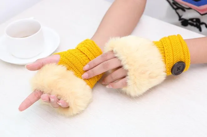 luvas botão luvas menina das mulheres de malha Faux Rabbit Fur Fingerless aquecedor do inverno Mittens ao ar livre colorido do presente Acessórios de Moda de Natal