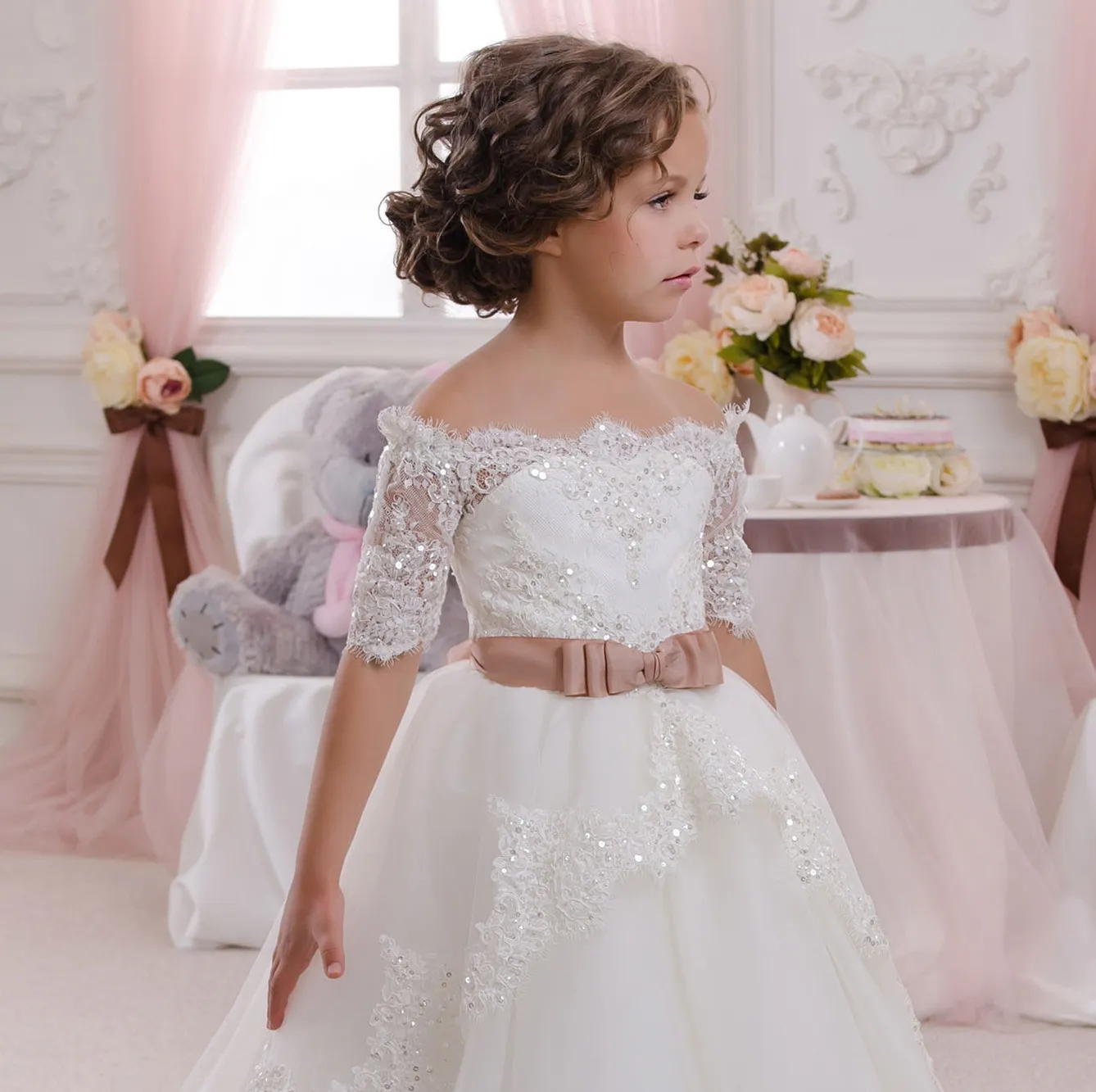 Princ flower girl dr with Crepe Tulle Bottom, Sash, and Rolling Flowers - Perfect for Weddings and Special Occasions (2016)